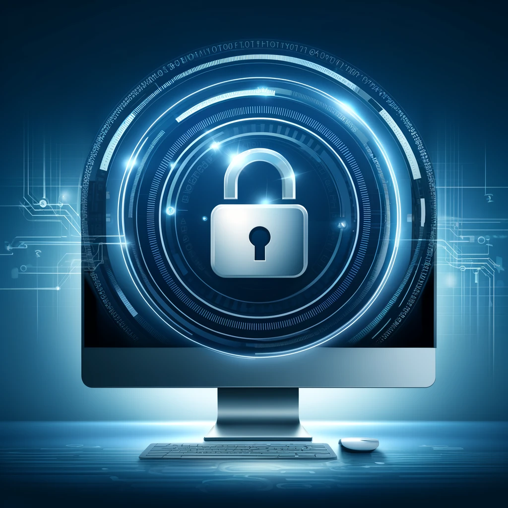 DALL·E 2024 06 11 14.01.35 A sleek and professional image in blue and white featuring a computer with a lock icon on the screen representing data security and protection. The b